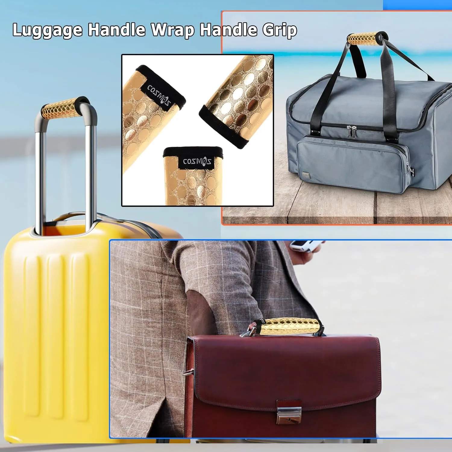 Cosmos Pack of 3 PU Leather Luggage Handle Wrap Handle Grip Luggage Identifier for Travel Bag Luggage Suitcase (Metallic Golden Tone Color)