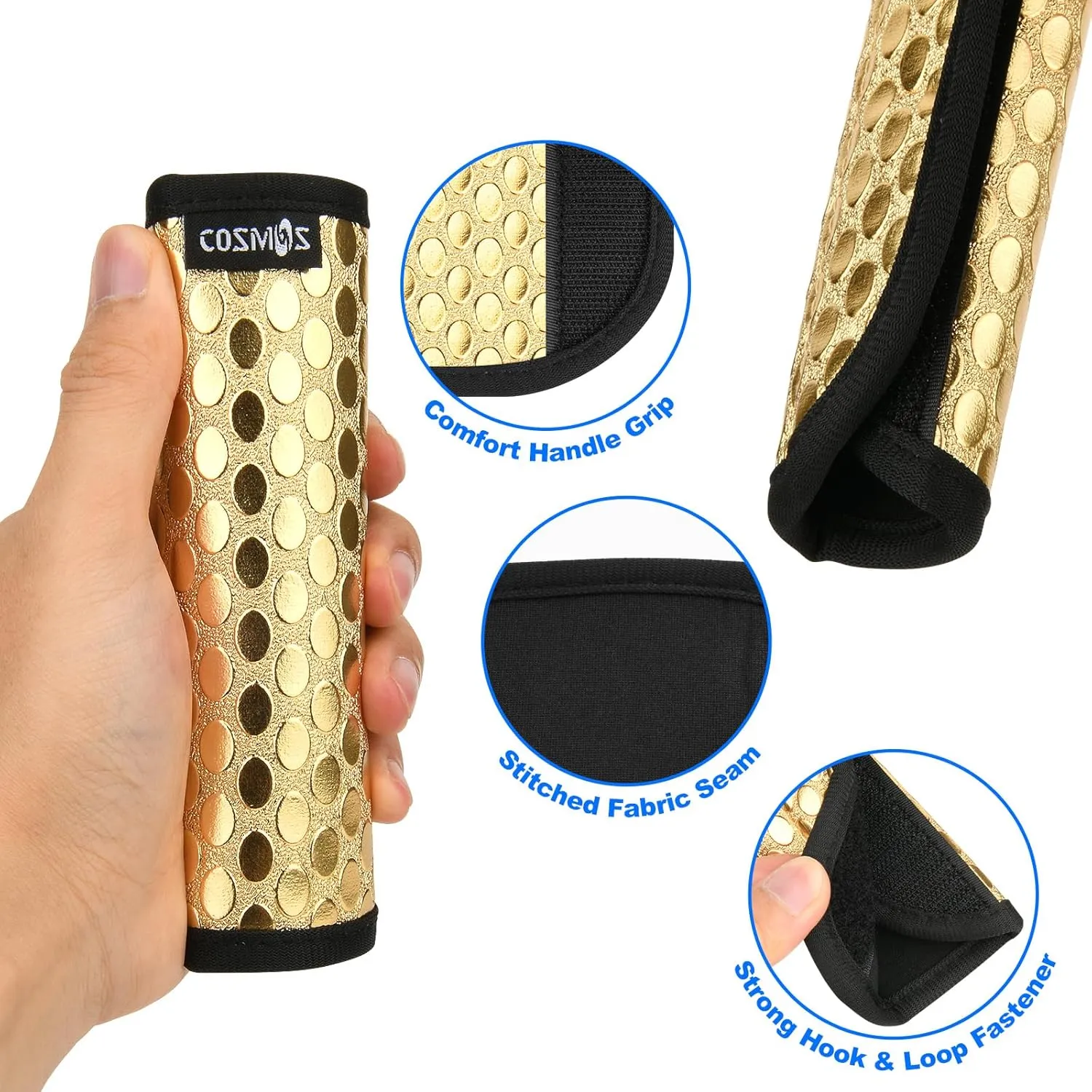 Cosmos Pack of 3 PU Leather Luggage Handle Wrap Handle Grip Luggage Identifier for Travel Bag Luggage Suitcase (Metallic Golden Tone Color)