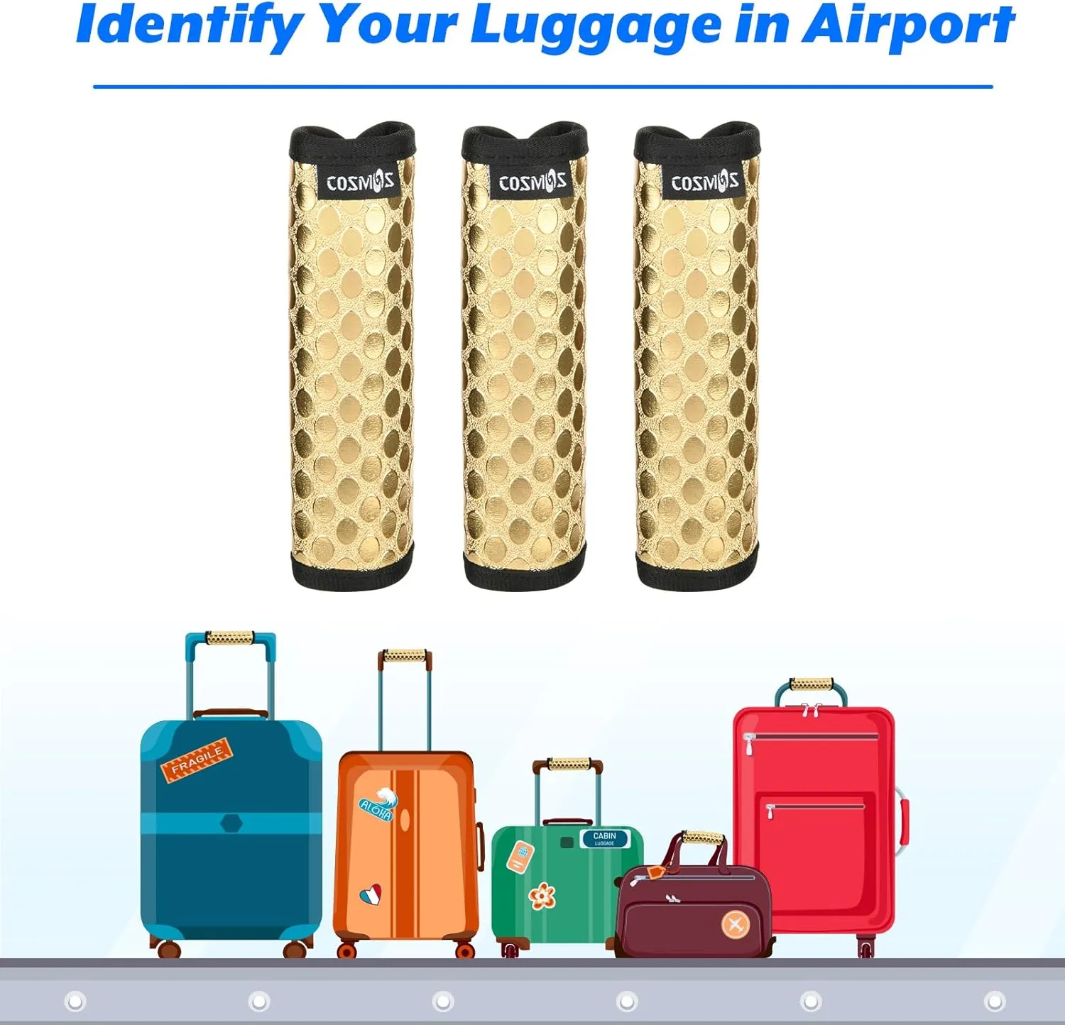 Cosmos Pack of 3 PU Leather Luggage Handle Wrap Handle Grip Luggage Identifier for Travel Bag Luggage Suitcase (Metallic Golden Tone Color)