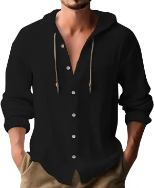 Cotton Linen Shirts for Men Button Drawstring Long Sleeve Tops with Hood Casual Breathable Summer Beach Hoodie