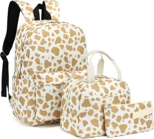 Cow Print Girls School Backpack for Kids Teens, Elementary Middle School Backpacks Bookbag Set with Lunch Bag Pencil Case (Khaki)