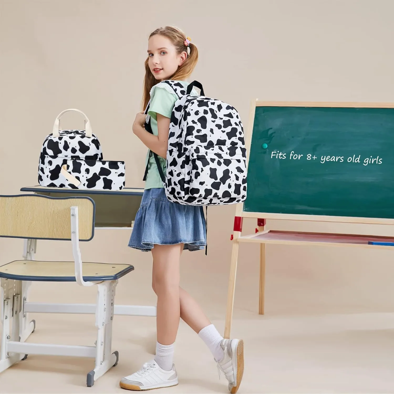 Cow Print Girls School Backpack for Kids Teens, Elementary Middle School Backpacks Bookbag Set with Lunch Bag Pencil Case