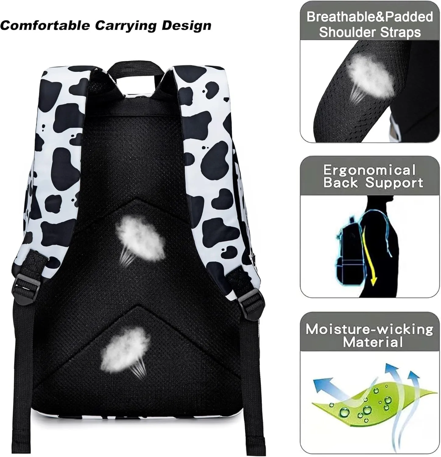 Cow Print Girls School Backpack for Kids Teens, Elementary Middle School Backpacks Bookbag Set with Lunch Bag Pencil Case