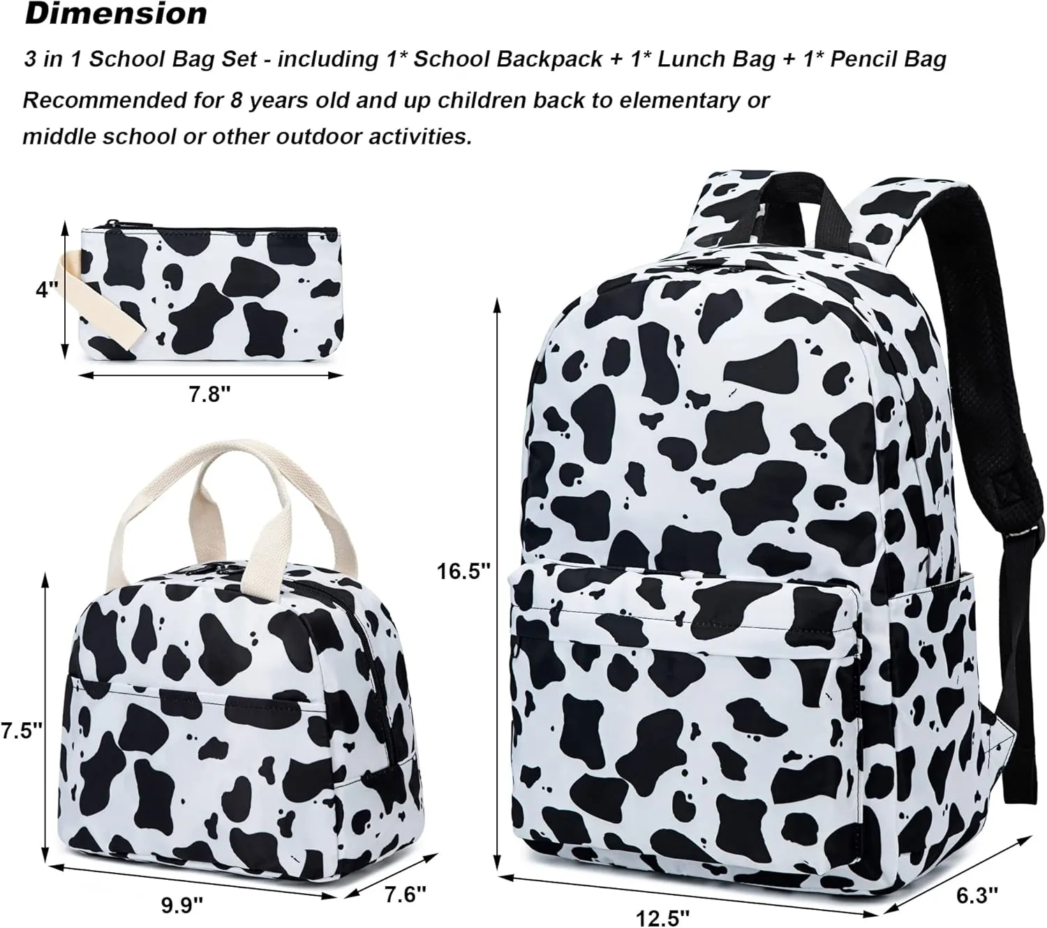 Cow Print Girls School Backpack for Kids Teens, Elementary Middle School Backpacks Bookbag Set with Lunch Bag Pencil Case