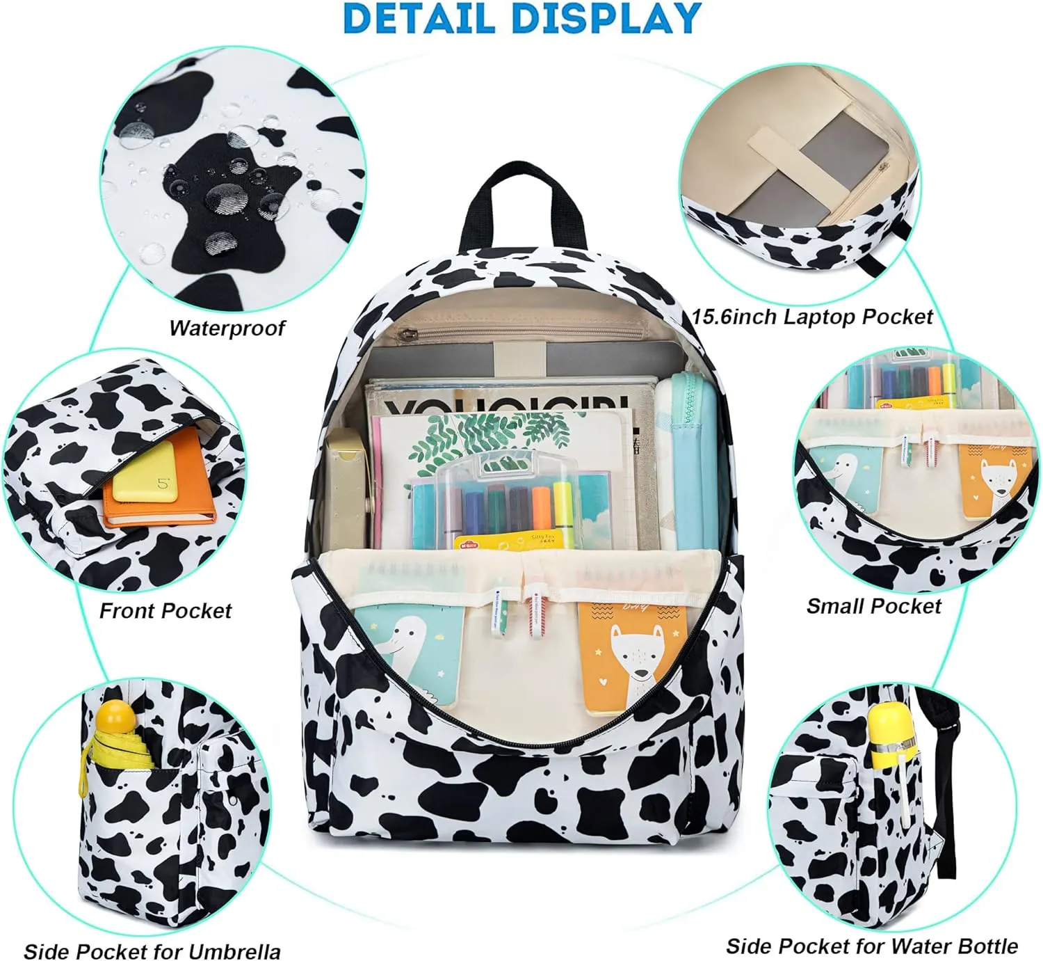 Cow Print Girls School Backpack for Kids Teens, Elementary Middle School Backpacks Bookbag Set with Lunch Bag Pencil Case