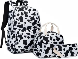 Cow Print Girls School Backpack for Kids Teens, Elementary Middle School Backpacks Bookbag Set with Lunch Bag Pencil Case