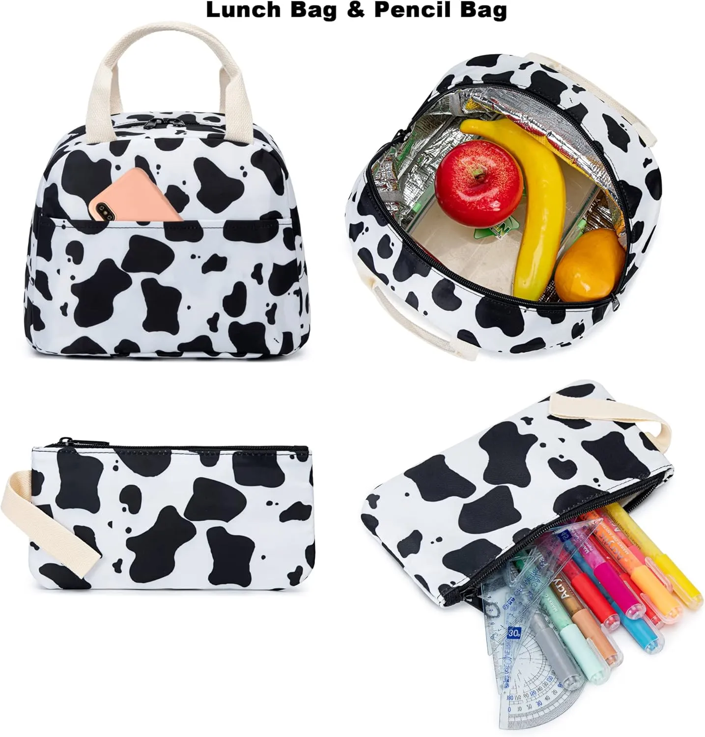 Cow Print Girls School Backpack for Kids Teens, Elementary Middle School Backpacks Bookbag Set with Lunch Bag Pencil Case