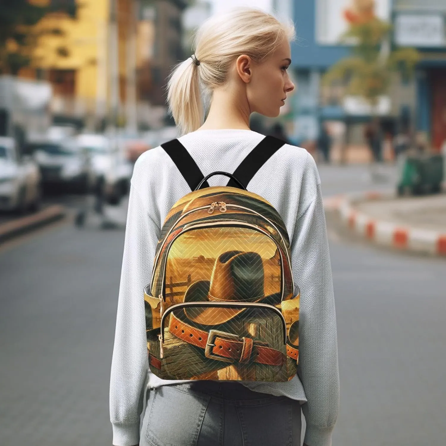 Cowboy Hat Sunset Backpack Purse for Women Girls Anti-theft Mini Fashion Travel Backpack for Traveling Work College M