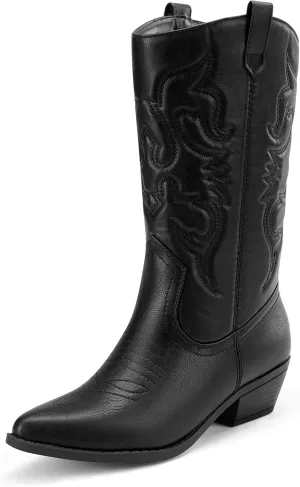 DREAM PAIRS Women's Cowboy Boots Pull On Cowgirl Boots Mid Calf Western Boots, Available in Regular and Wide Calf