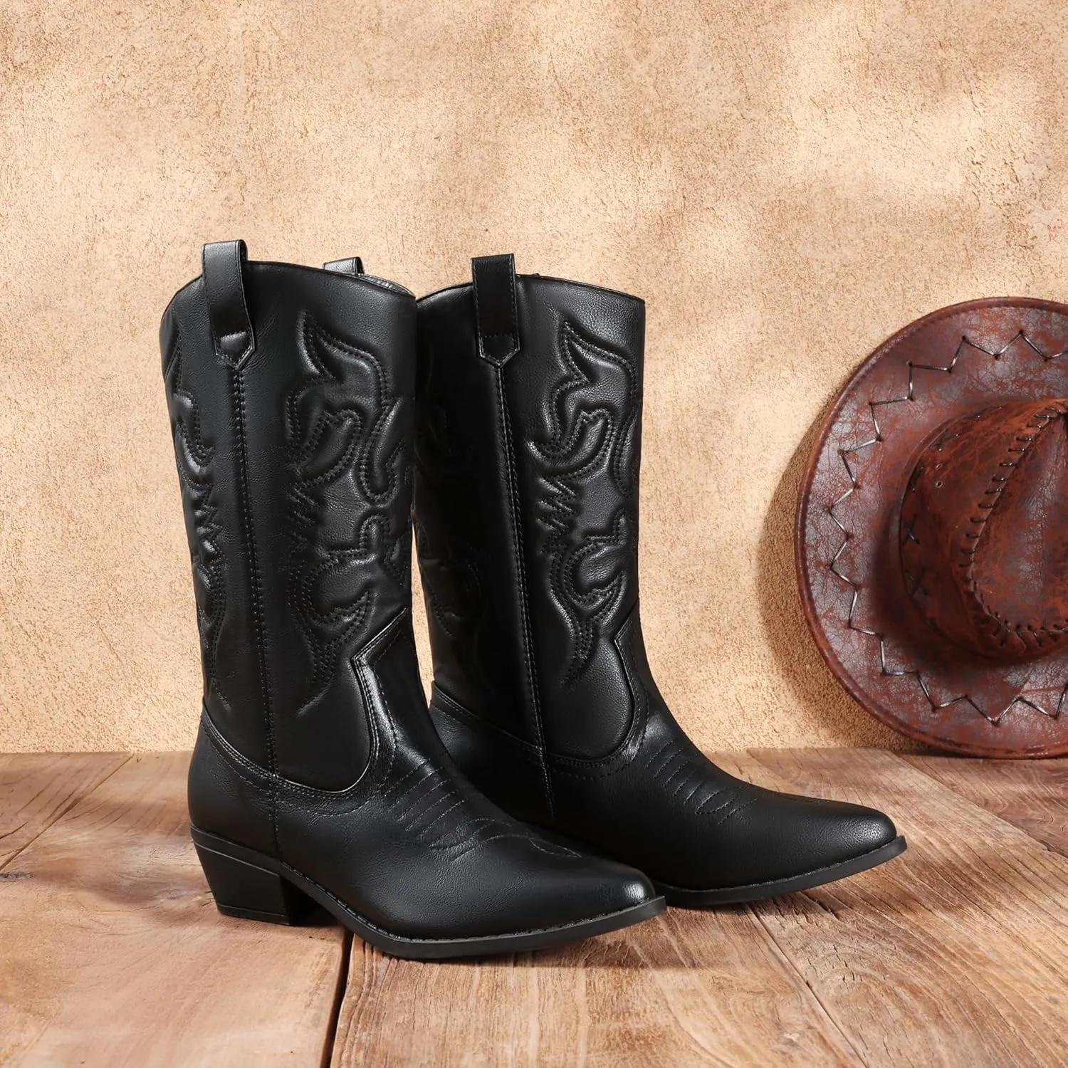 DREAM PAIRS Women's Cowboy Boots Pull On Cowgirl Boots Mid Calf Western Boots, Available in Regular and Wide Calf