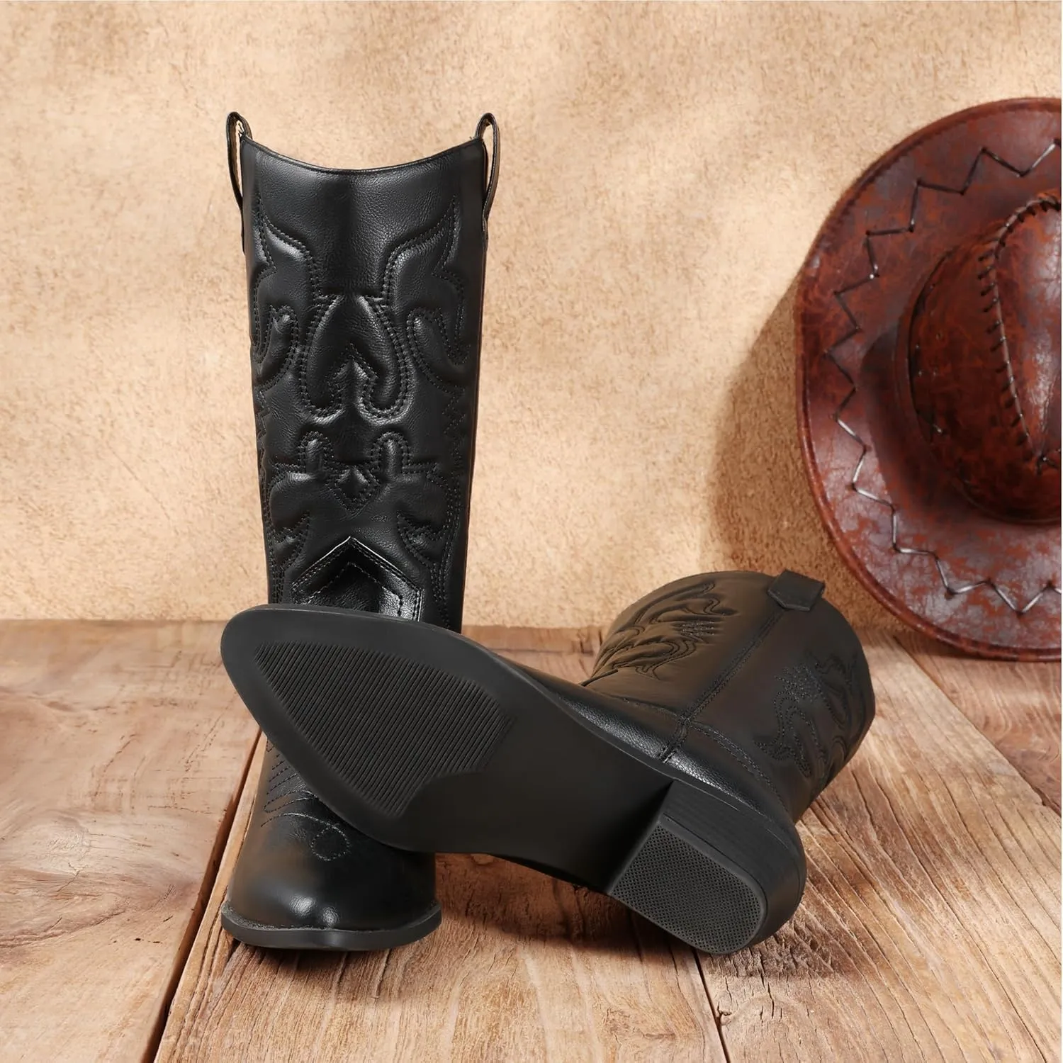 DREAM PAIRS Women's Cowboy Boots Pull On Cowgirl Boots Mid Calf Western Boots, Available in Regular and Wide Calf