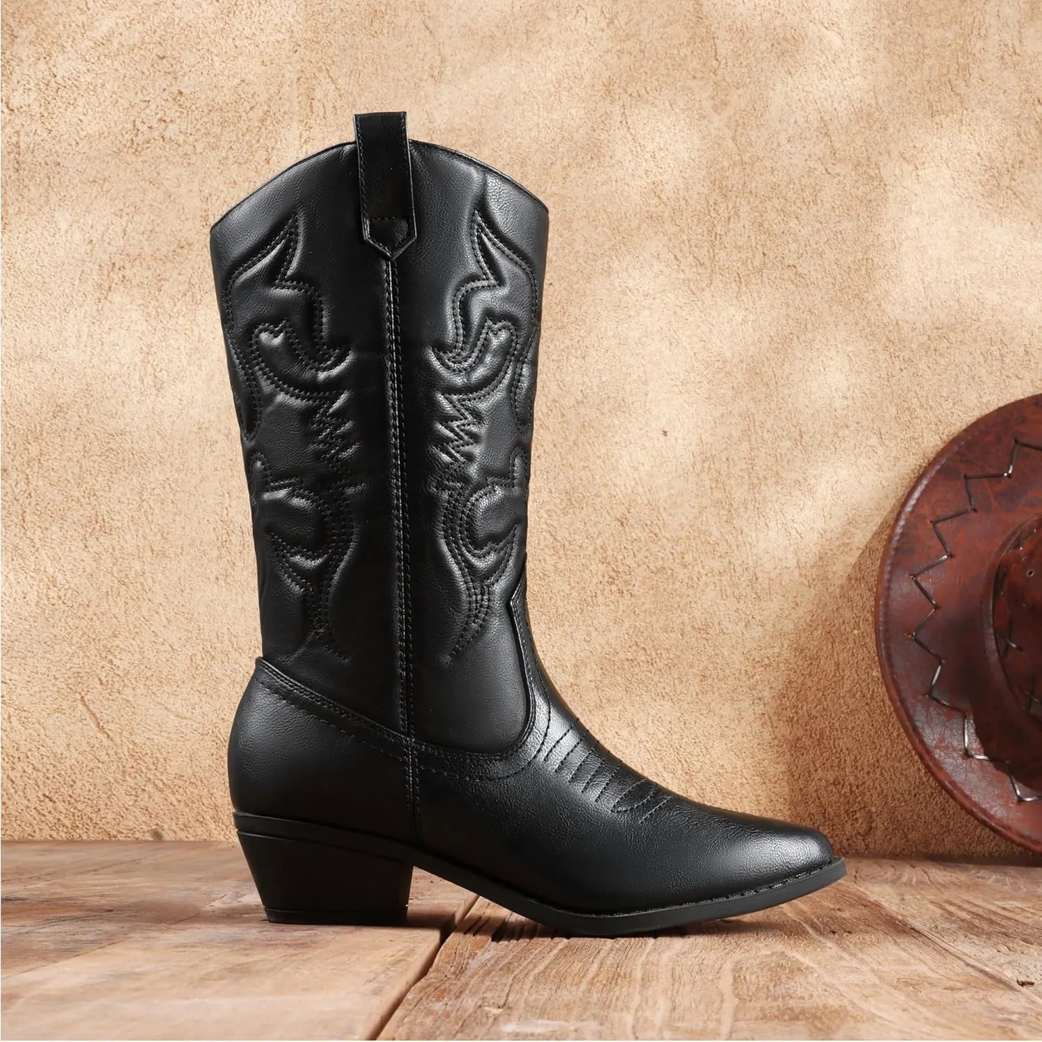 DREAM PAIRS Women's Cowboy Boots Pull On Cowgirl Boots Mid Calf Western Boots, Available in Regular and Wide Calf