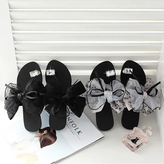 elveswallet Large Size Summer Rhinestone Lace Organza Bow Knot Flat Slippers