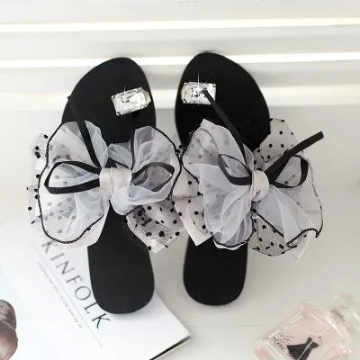 elveswallet Large Size Summer Rhinestone Lace Organza Bow Knot Flat Slippers