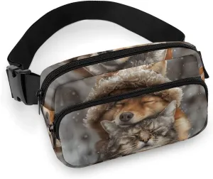 Fanny Packs for Women Men,Wearing Animal Hat Printed Water Resistant Belt Bag,Cross Body Small Fanny Pack with Adjustable Straps,Waist Bag for Traveling Running Sports Casual