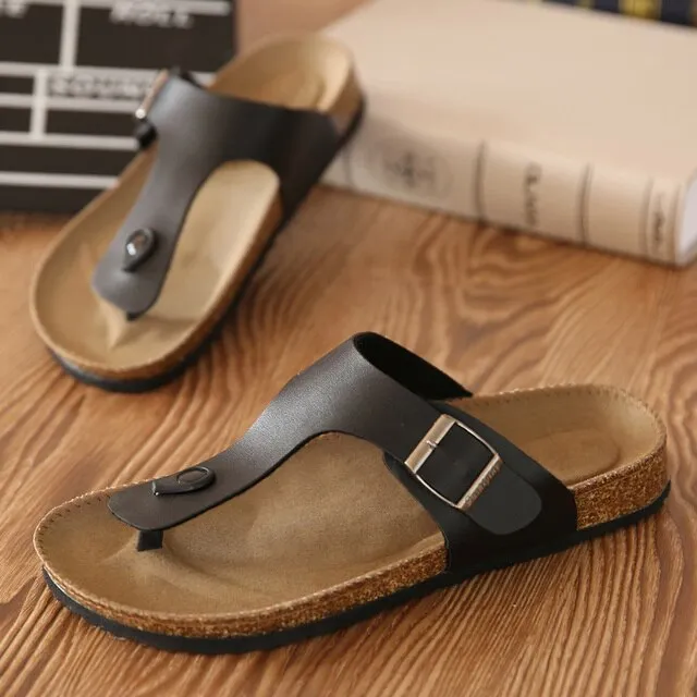 Fashion Leather Women Cork Slippers – Outdoor Flip Flops Summer Soft-Soled Sandals, Men Couple Beach Indoor Outdoor Shoes
