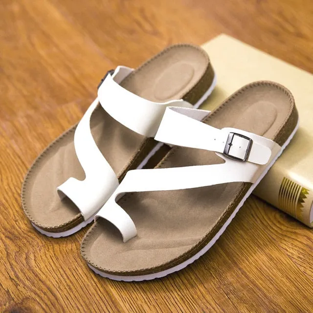 Fashion Leather Women Cork Slippers – Outdoor Flip Flops Summer Soft-Soled Sandals, Men Couple Beach Indoor Outdoor Shoes