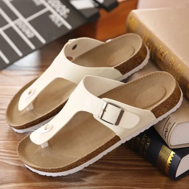 Fashion Leather Women Cork Slippers – Outdoor Flip Flops Summer Soft-Soled Sandals, Men Couple Beach Indoor Outdoor Shoes