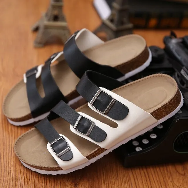 Fashion Leather Women Cork Slippers – Outdoor Flip Flops Summer Soft-Soled Sandals, Men Couple Beach Indoor Outdoor Shoes