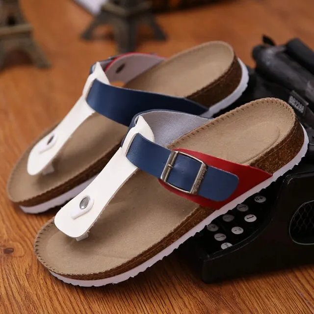 Fashion Leather Women Cork Slippers – Outdoor Flip Flops Summer Soft-Soled Sandals, Men Couple Beach Indoor Outdoor Shoes
