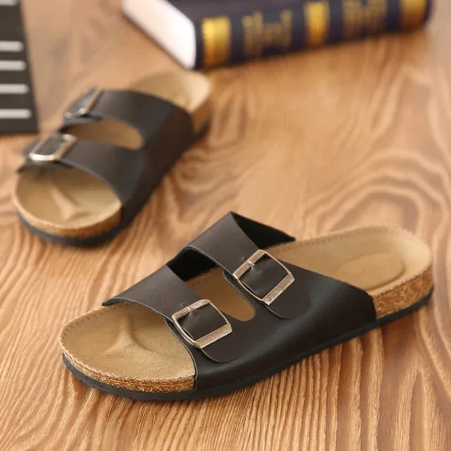Fashion Leather Women Cork Slippers – Outdoor Flip Flops Summer Soft-Soled Sandals, Men Couple Beach Indoor Outdoor Shoes