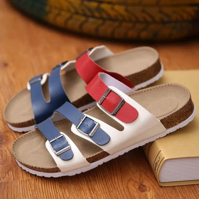 Fashion Leather Women Cork Slippers – Outdoor Flip Flops Summer Soft-Soled Sandals, Men Couple Beach Indoor Outdoor Shoes