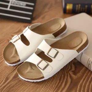 Fashion Leather Women Cork Slippers – Outdoor Flip Flops Summer Soft-Soled Sandals, Men Couple Beach Indoor Outdoor Shoes