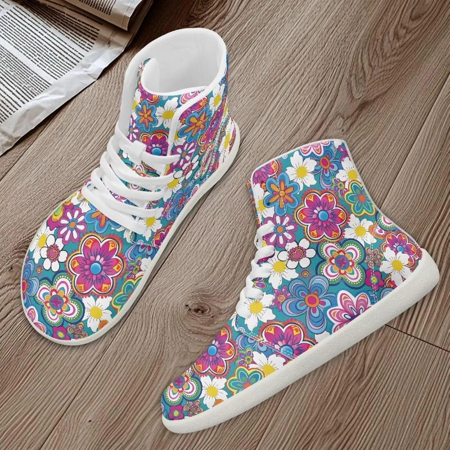 Floral Print Barefoot Sneakers for Women High Top PU Footwear Width Toe Anti-Skid Running Cross Training Shoes