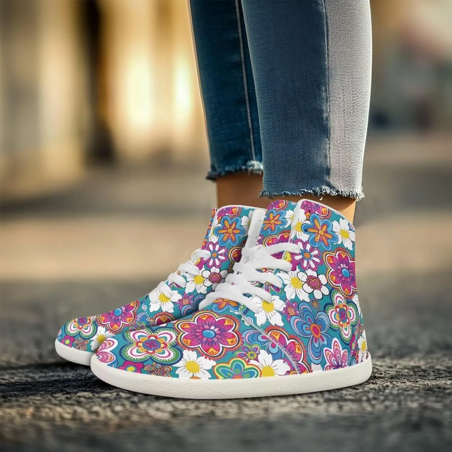 Floral Print Barefoot Sneakers for Women High Top PU Footwear Width Toe Anti-Skid Running Cross Training Shoes
