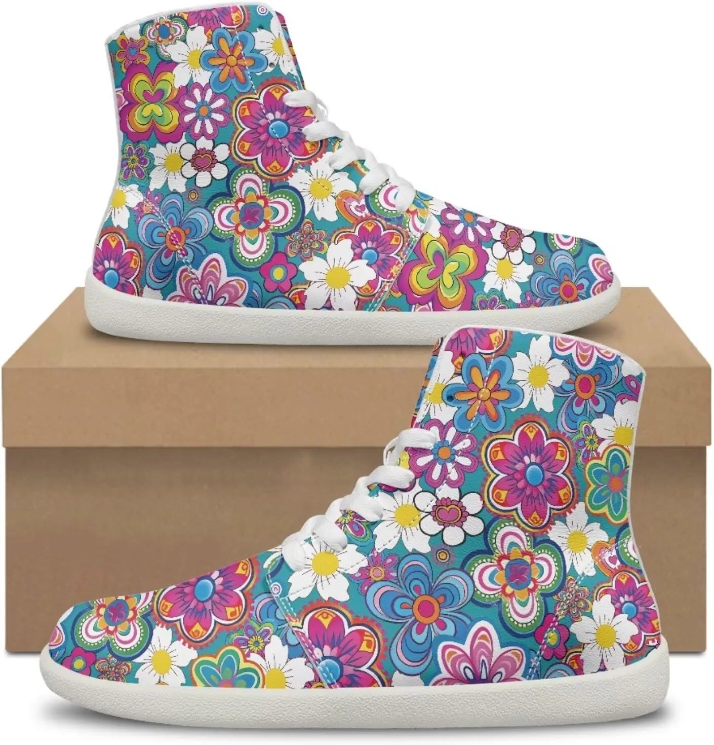 Floral Print Barefoot Sneakers for Women High Top PU Footwear Width Toe Anti-Skid Running Cross Training Shoes