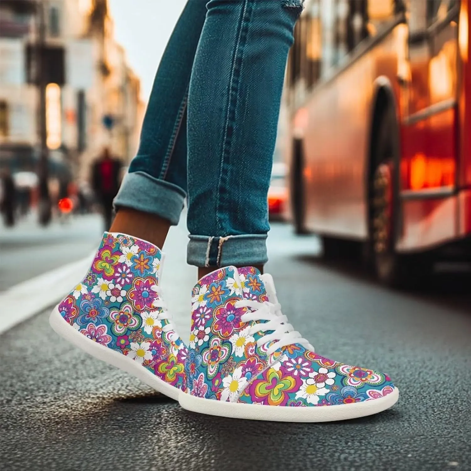Floral Print Barefoot Sneakers for Women High Top PU Footwear Width Toe Anti-Skid Running Cross Training Shoes
