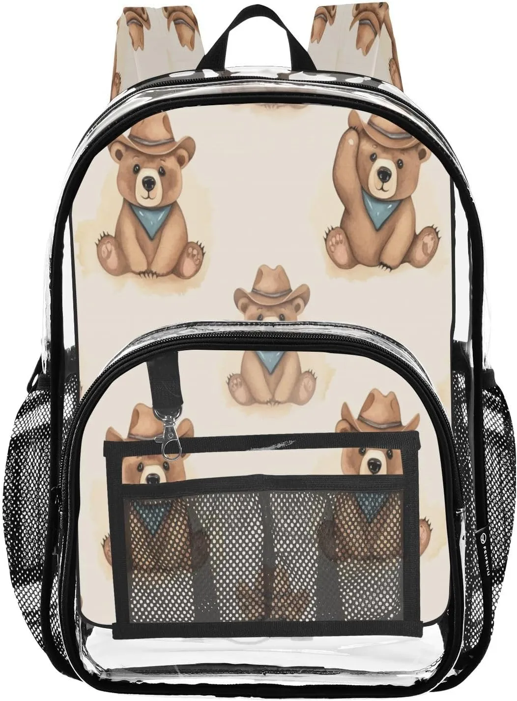 Funny Hat Bear Clear Backpack with Back Print, Heavy Duty See Through Backpacks PVC Transparent Daypack for Travel Security