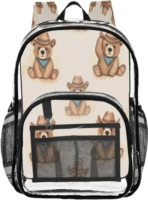 Funny Hat Bear Clear Backpack with Back Print, Heavy Duty See Through Backpacks PVC Transparent Daypack for Travel Security