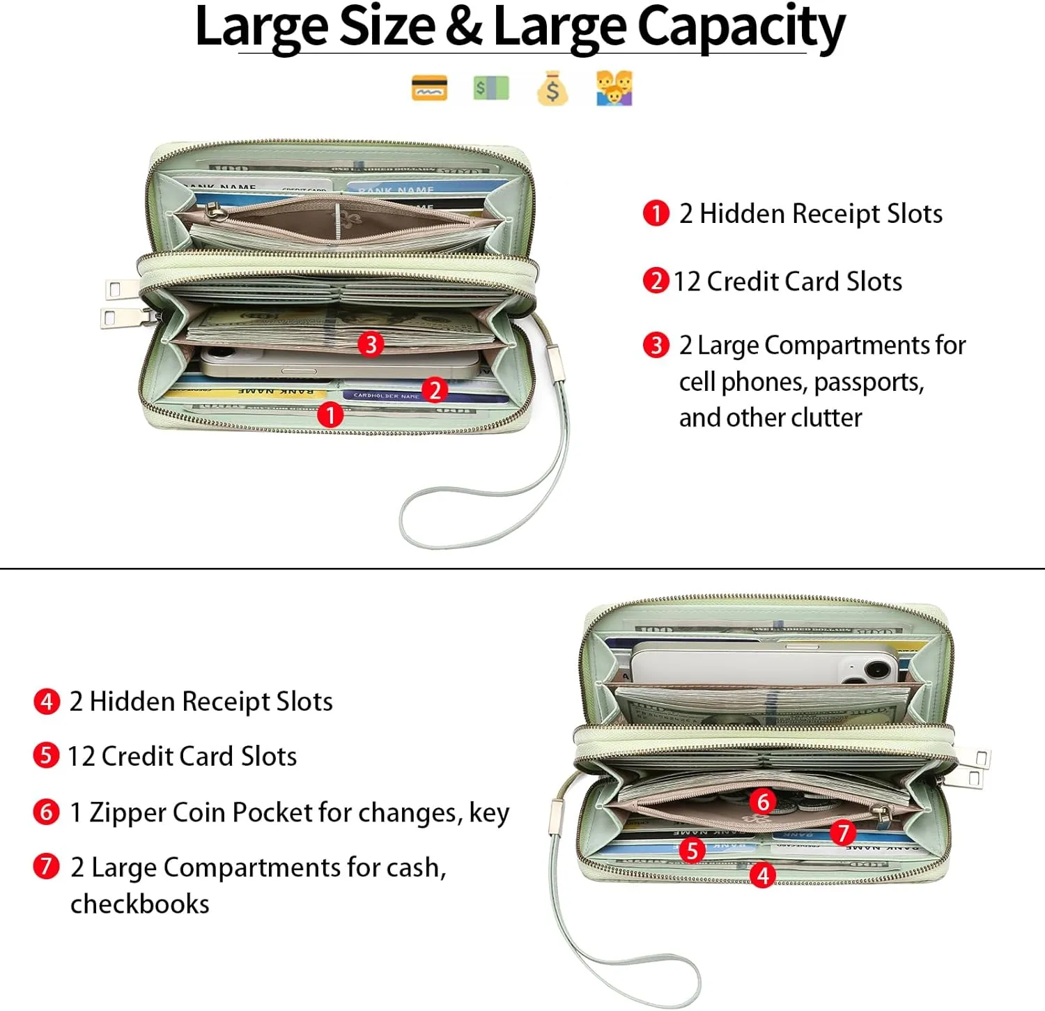 GAEKEAO Wallet for Women Clutch RFID Blocking Wristlet Leather Purse Large Capacity Credit Card Holder with Grip Hand Strap