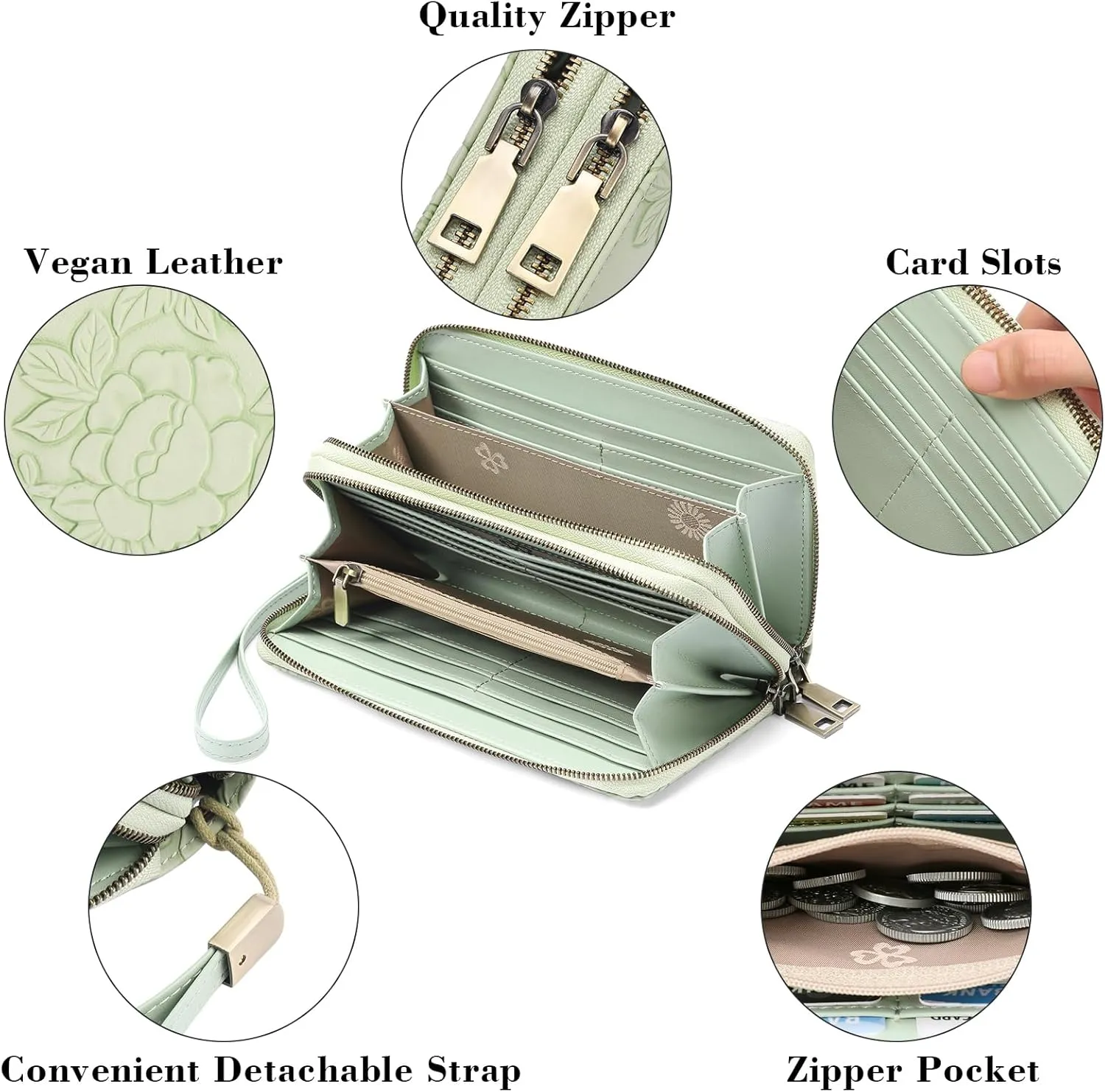 GAEKEAO Wallet for Women Clutch RFID Blocking Wristlet Leather Purse Large Capacity Credit Card Holder with Grip Hand Strap