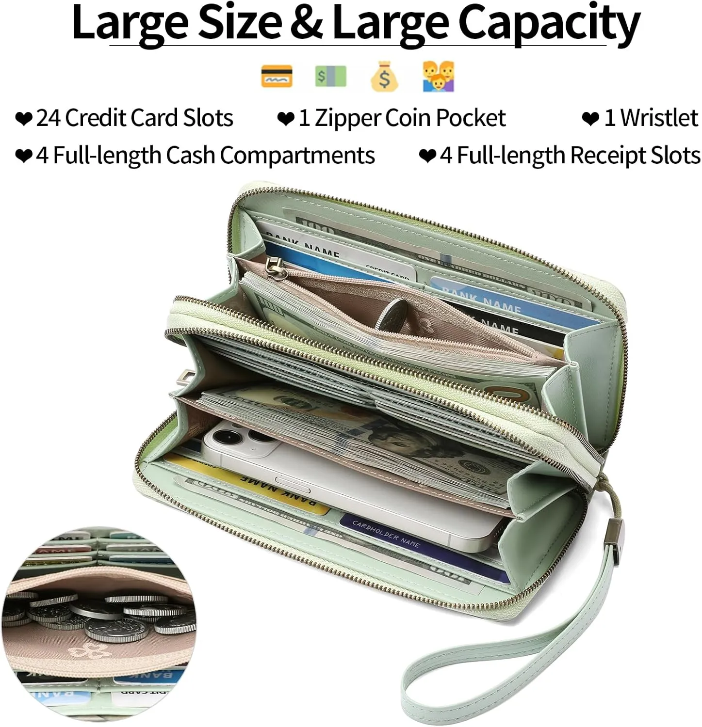 GAEKEAO Wallet for Women Clutch RFID Blocking Wristlet Leather Purse Large Capacity Credit Card Holder with Grip Hand Strap