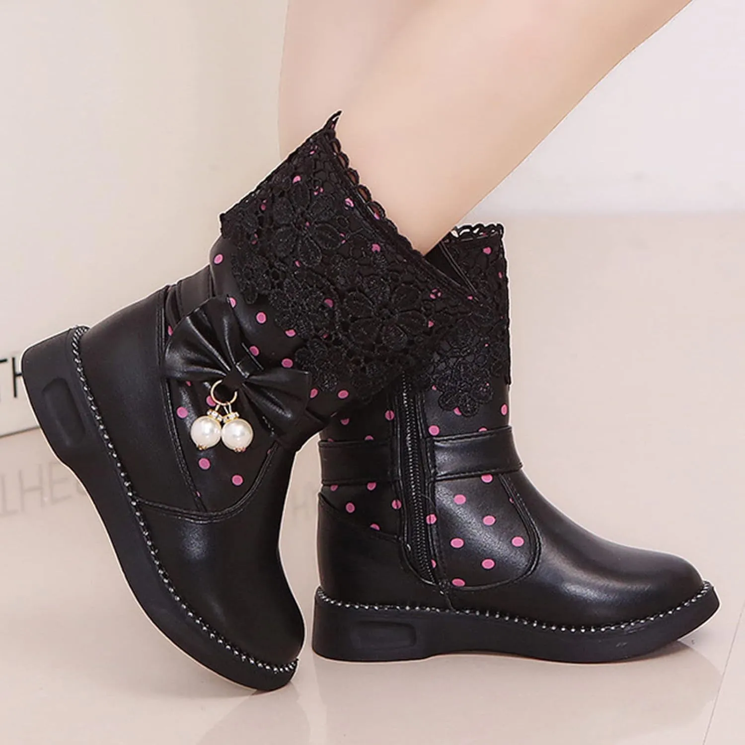 Girl's Winter Snow Boots Faux Fur Lined Mid Calf Shoes Waterproof Lace Bowknot Side Zipper Winter Boots Toddler