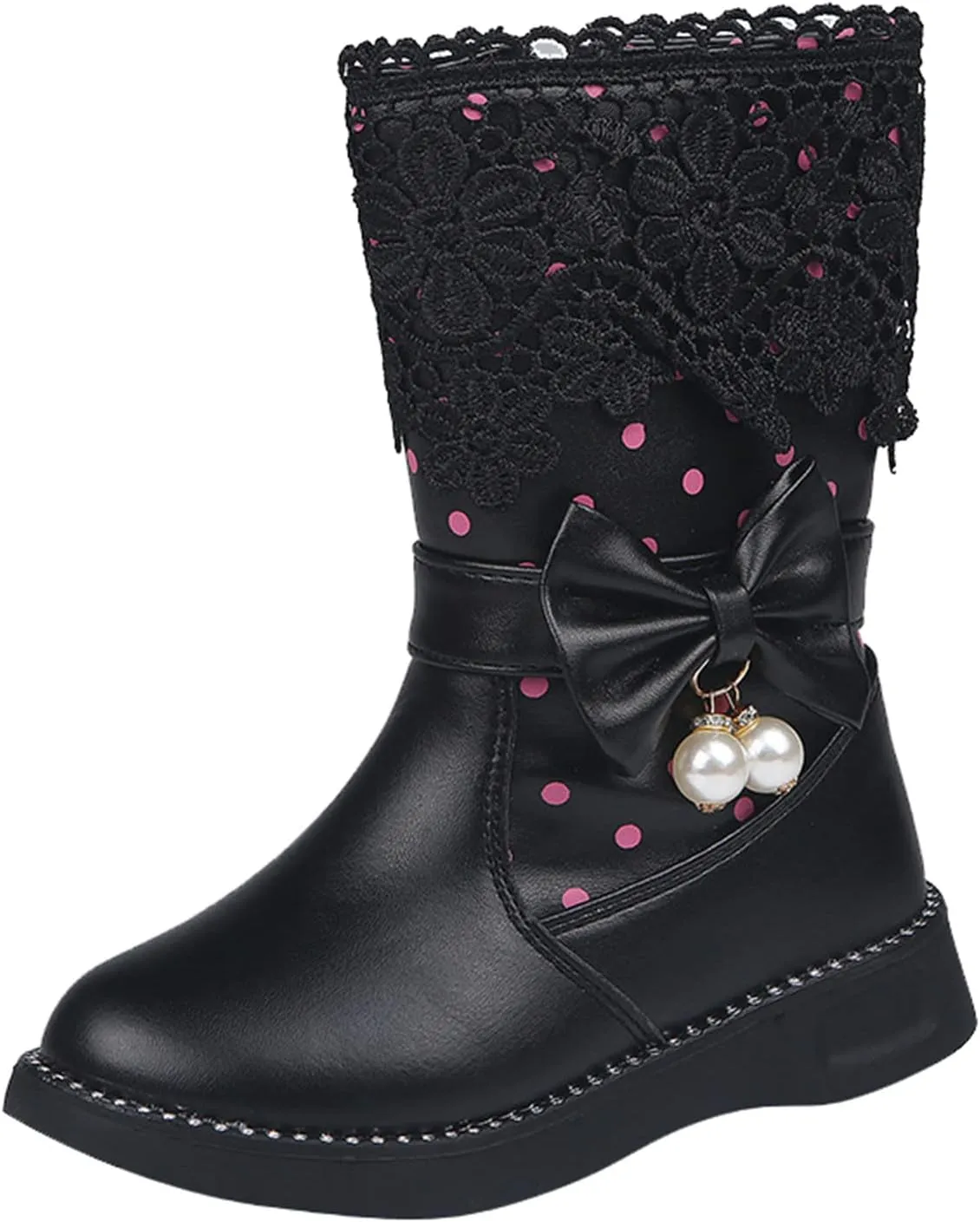 Girl's Winter Snow Boots Faux Fur Lined Mid Calf Shoes Waterproof Lace Bowknot Side Zipper Winter Boots Toddler