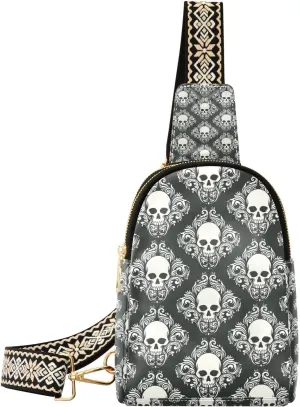 Halloween Skull Small Sling Bag for Women,Leather Fanny Pack,Crossbody Waist Bag With Adjustable Guitar Strap