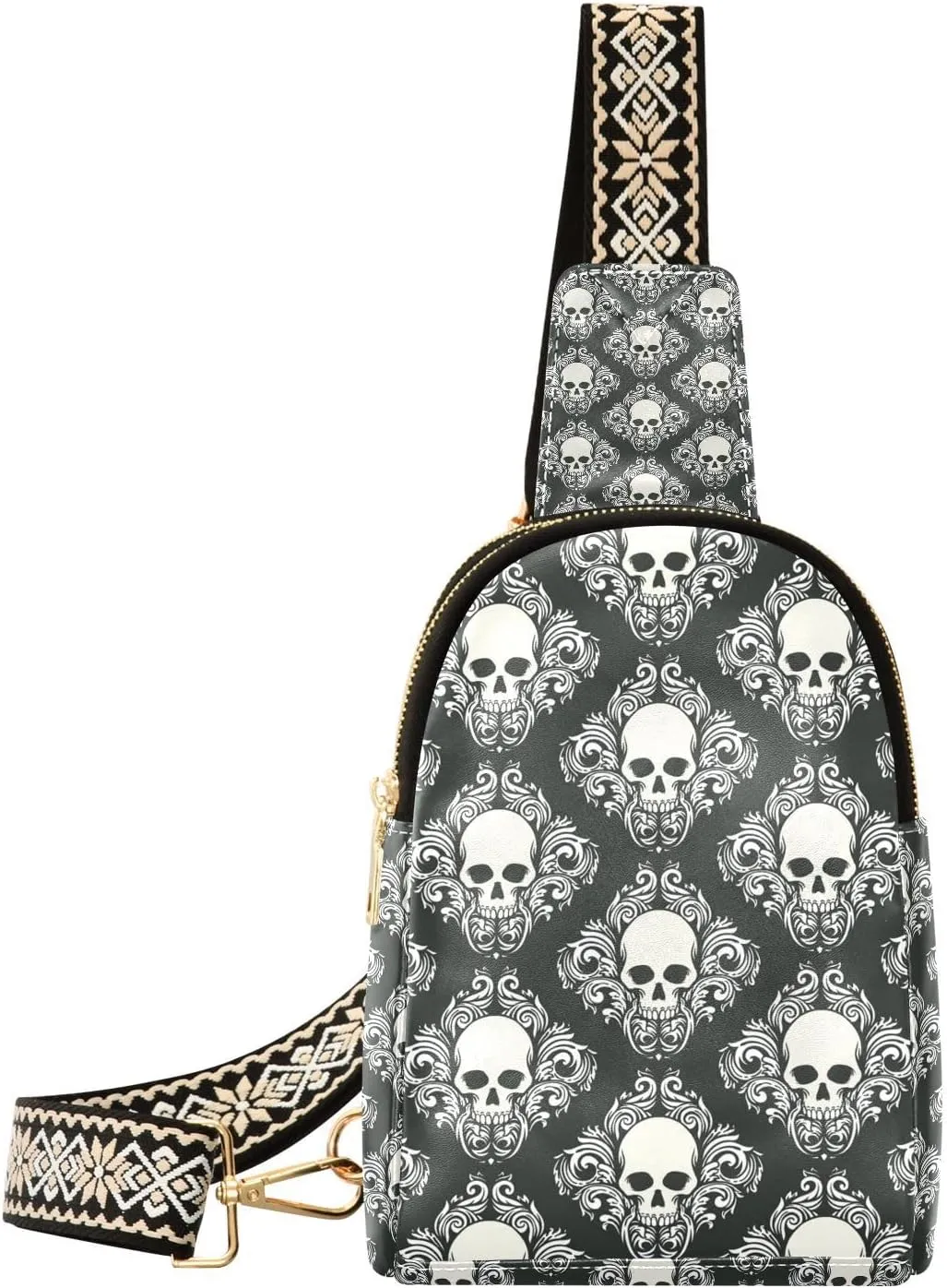 Halloween Skull Small Sling Bag for Women,Leather Fanny Pack,Crossbody Waist Bag With Adjustable Guitar Strap
