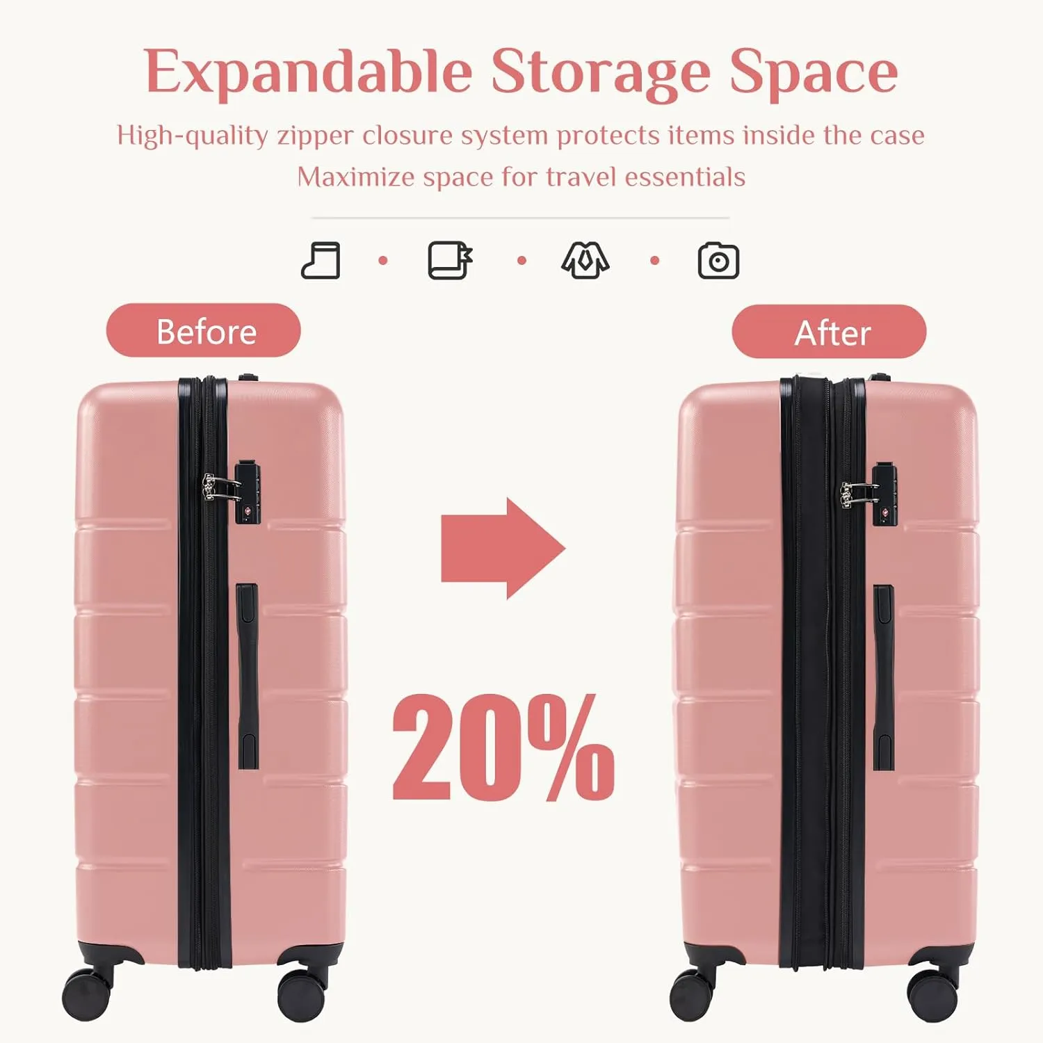 Hardshell ABS Expandable Suitcase with 360 Spinner Wheels & TSA Lock, Durable Luggage Sets for Travel, Retractable Handle Carry-On Suitcase with Scratch-Resistant Shell (Pink, 20 Inch)