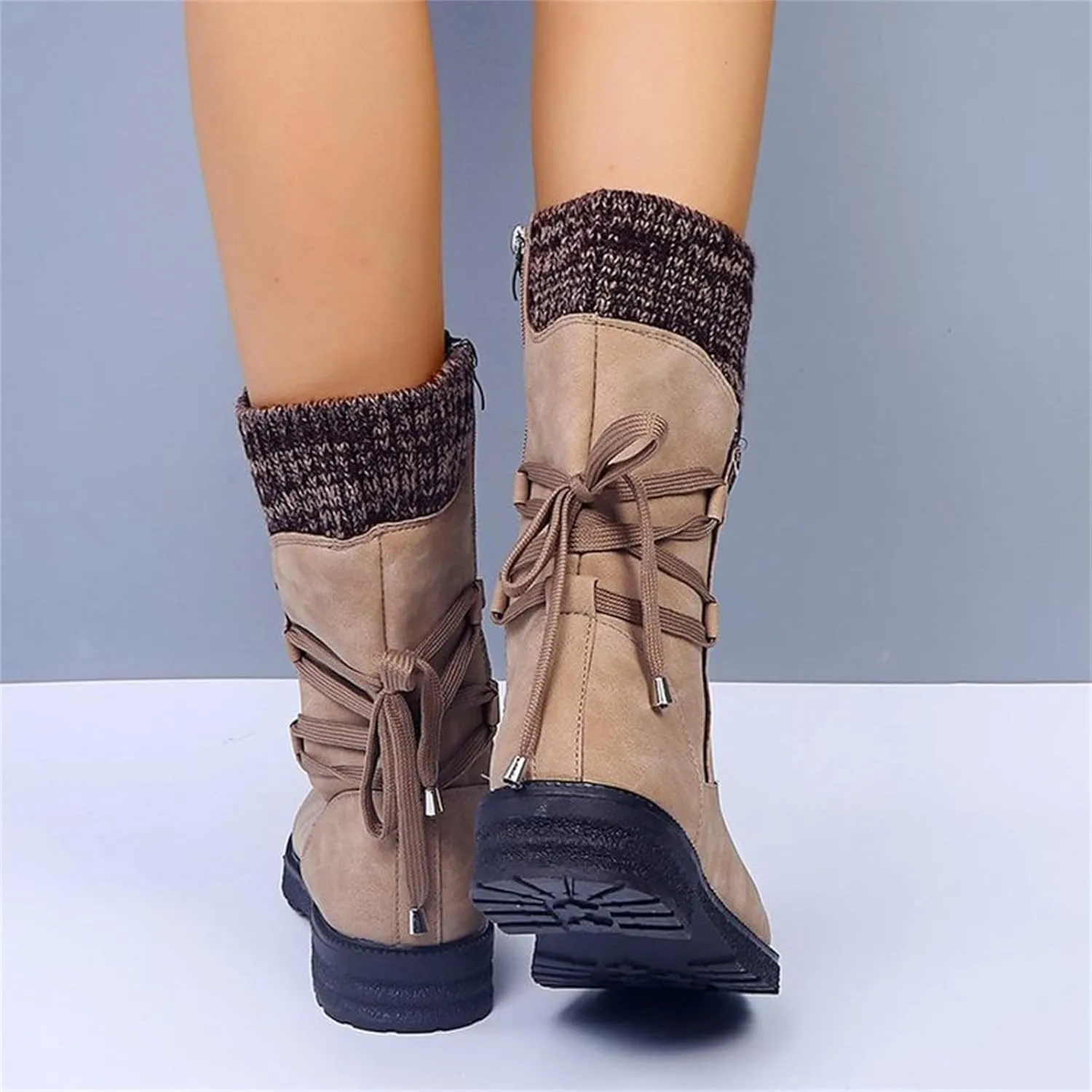 HINDOLA Women's Winter Mid-Calf Boots Anti-Slip Waterproof Outdoor Shoes Side Zipper Leather Knight Boots Fashion Lace Up Snow Booties for Women