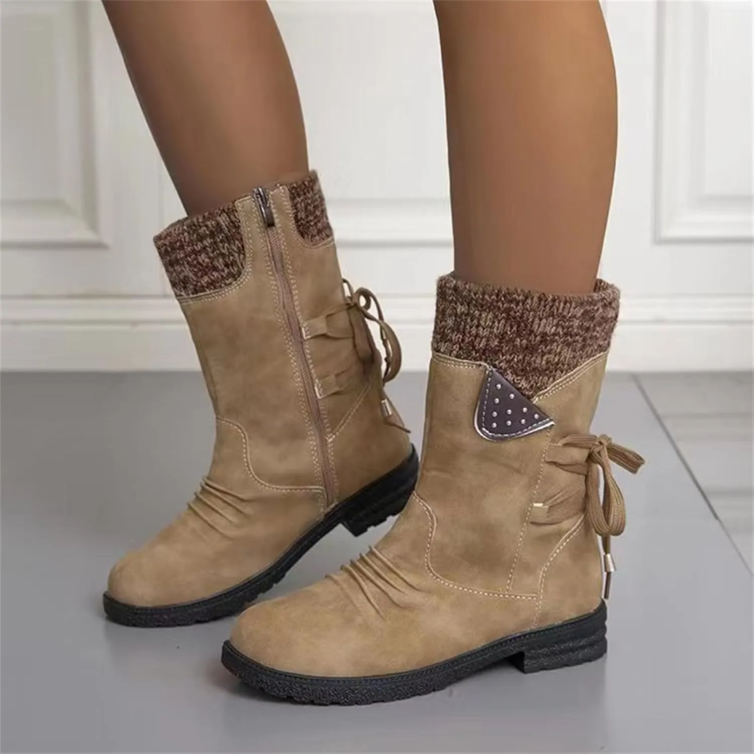 HINDOLA Women's Winter Mid-Calf Boots Anti-Slip Waterproof Outdoor Shoes Side Zipper Leather Knight Boots Fashion Lace Up Snow Booties for Women