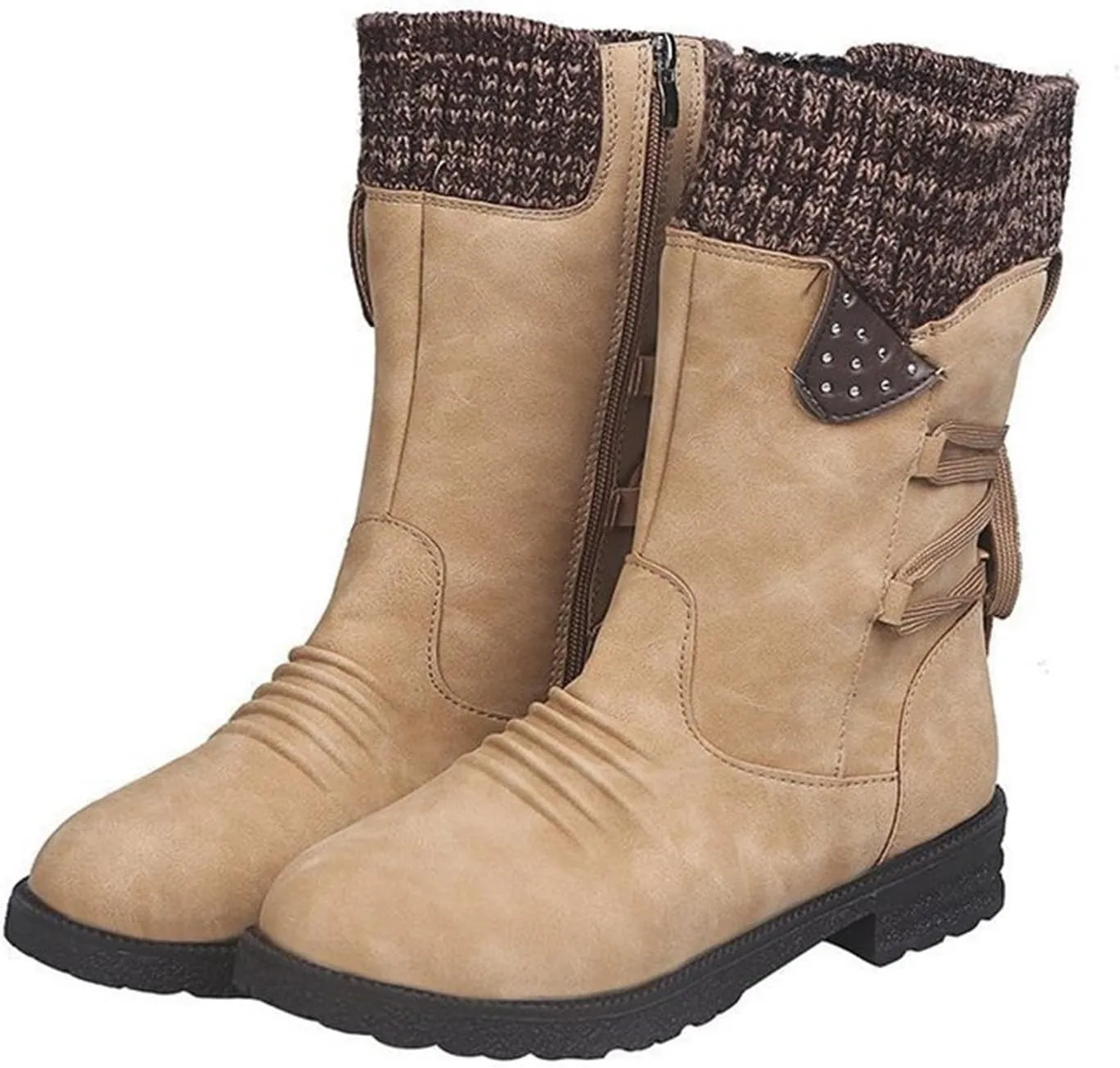 HINDOLA Women's Winter Mid-Calf Boots Anti-Slip Waterproof Outdoor Shoes Side Zipper Leather Knight Boots Fashion Lace Up Snow Booties for Women