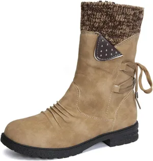 HINDOLA Women's Winter Mid-Calf Boots Anti-Slip Waterproof Outdoor Shoes Side Zipper Leather Knight Boots Fashion Lace Up Snow Booties for Women