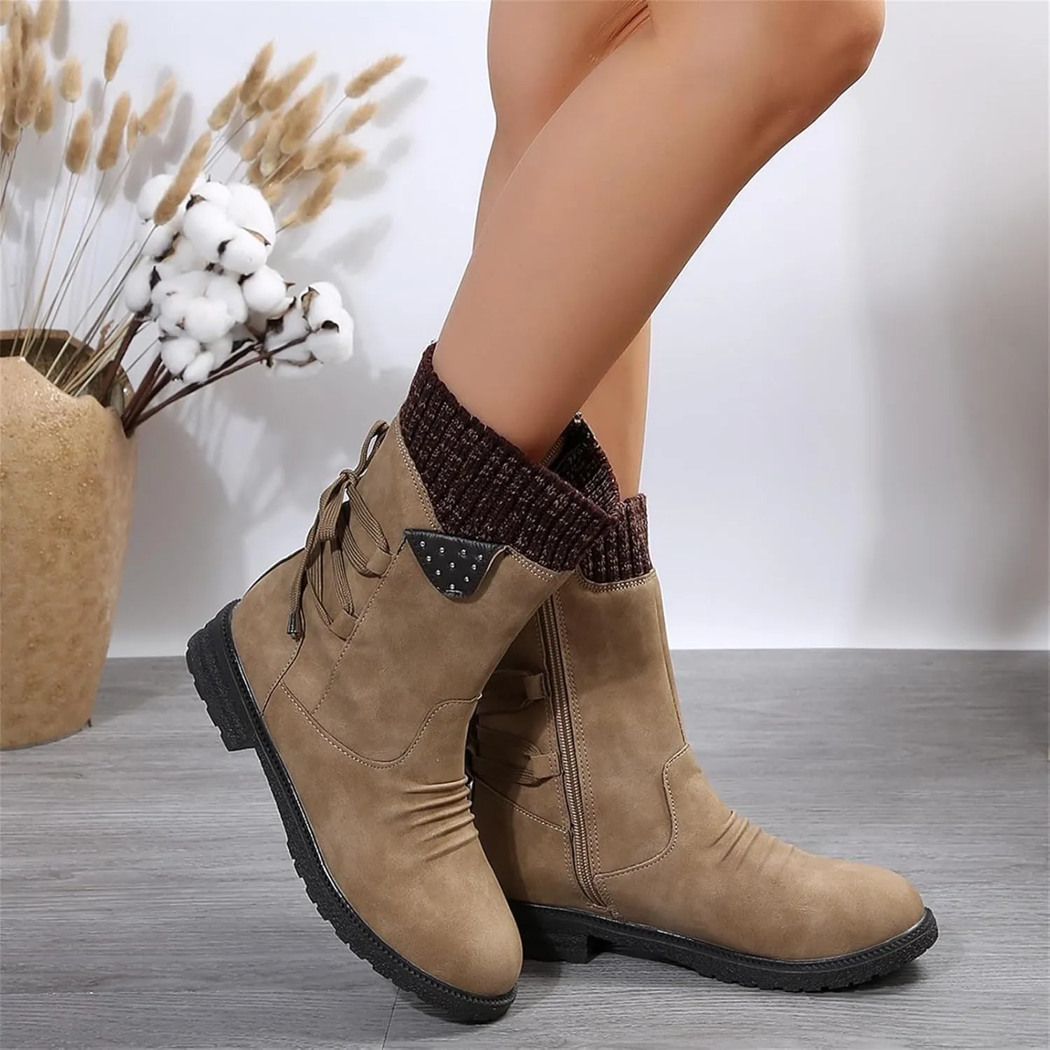 HINDOLA Women's Winter Mid-Calf Boots Anti-Slip Waterproof Outdoor Shoes Side Zipper Leather Knight Boots Fashion Lace Up Snow Booties for Women