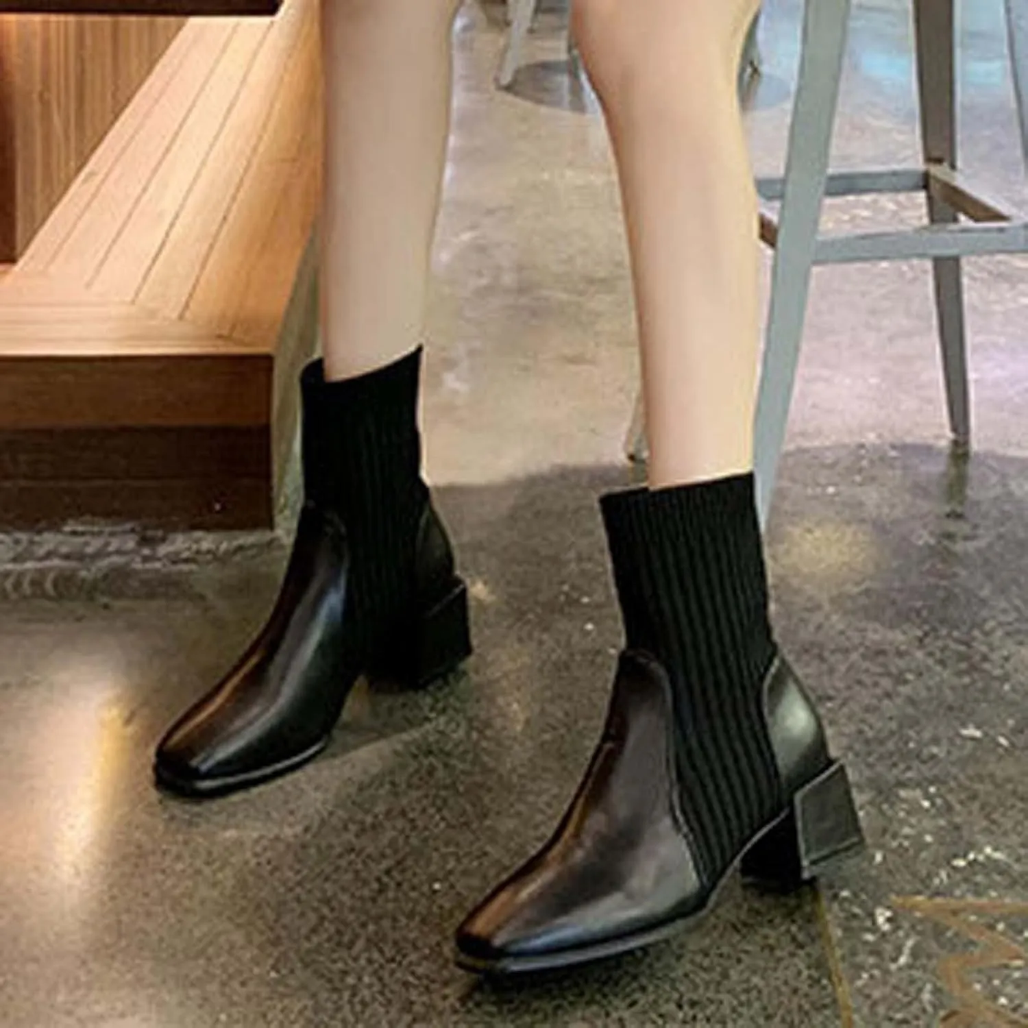 hlysgo Womens Comfortable Stretch Socks Boots Block High Heel Fall Fashion 2025 Pull On Square Toe Casual Booties