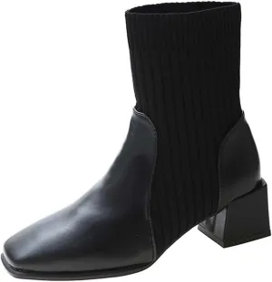 hlysgo Womens Comfortable Stretch Socks Boots Block High Heel Fall Fashion 2025 Pull On Square Toe Casual Booties