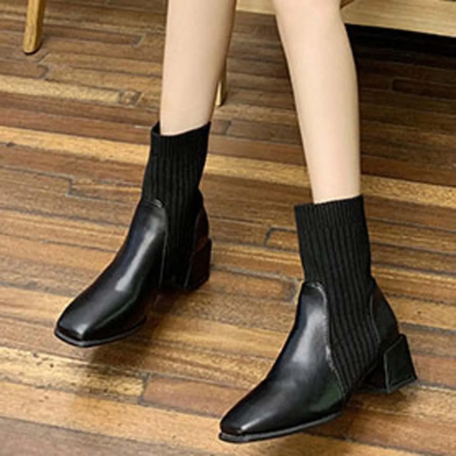 hlysgo Womens Comfortable Stretch Socks Boots Block High Heel Fall Fashion 2025 Pull On Square Toe Casual Booties