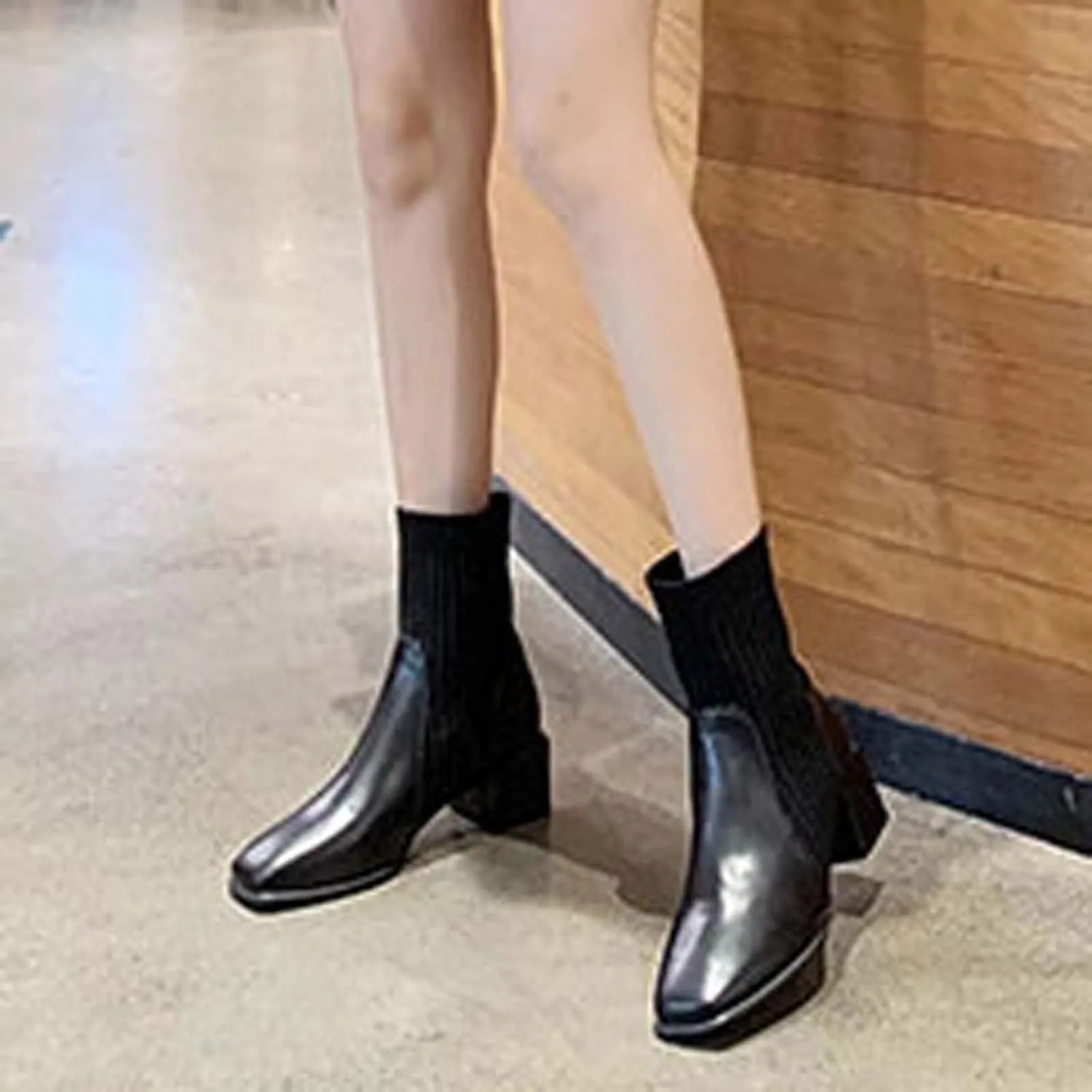 hlysgo Womens Comfortable Stretch Socks Boots Block High Heel Fall Fashion 2025 Pull On Square Toe Casual Booties